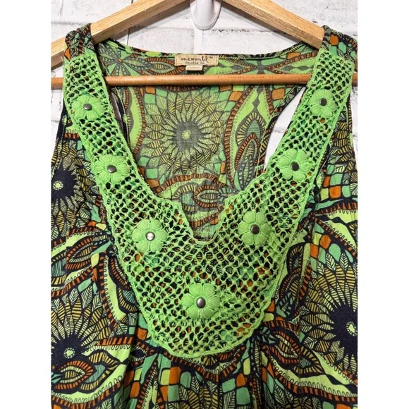 One World Crochet Neck Maxi‎ Dress Women's Medium Green Floral Print Sleeveless - Picture 3 of 9
